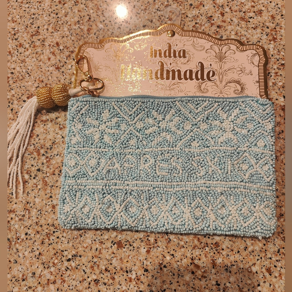 India Handmade Small Bag, 7.75"WX5"H, Light Blue/White/Gold